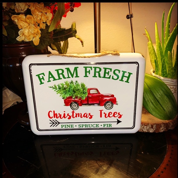 Farmhouse Christmas Red Truck Enamel Metal Sign - Picture 1 of 6
